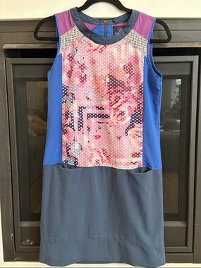 Sleeveless Pink Floral & Blue Panel Midi Dress